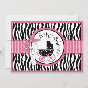 Invitación Carrito para bebés, impresión cebra y Baby Shower