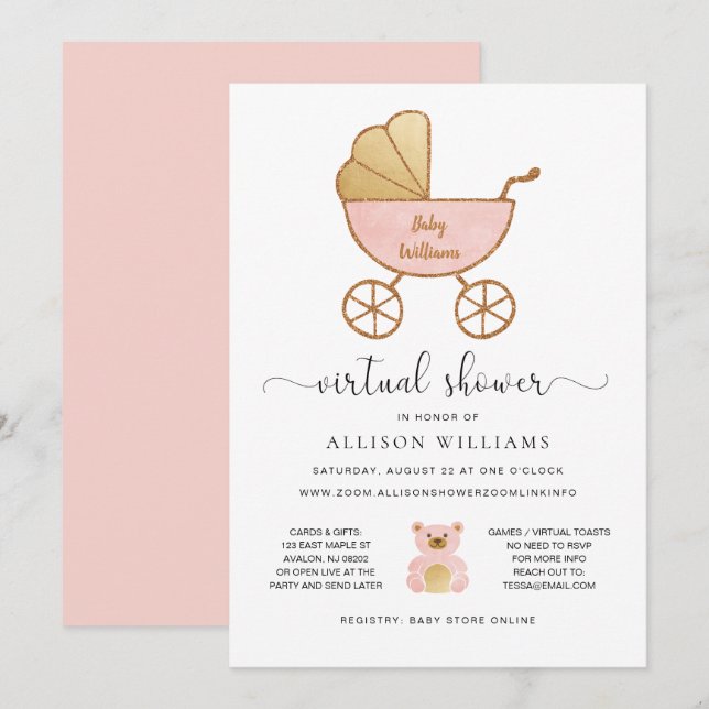 Invitación Carrito Retro de Oro Rosa Virtual Baby Girl Shower (Anverso / Reverso)