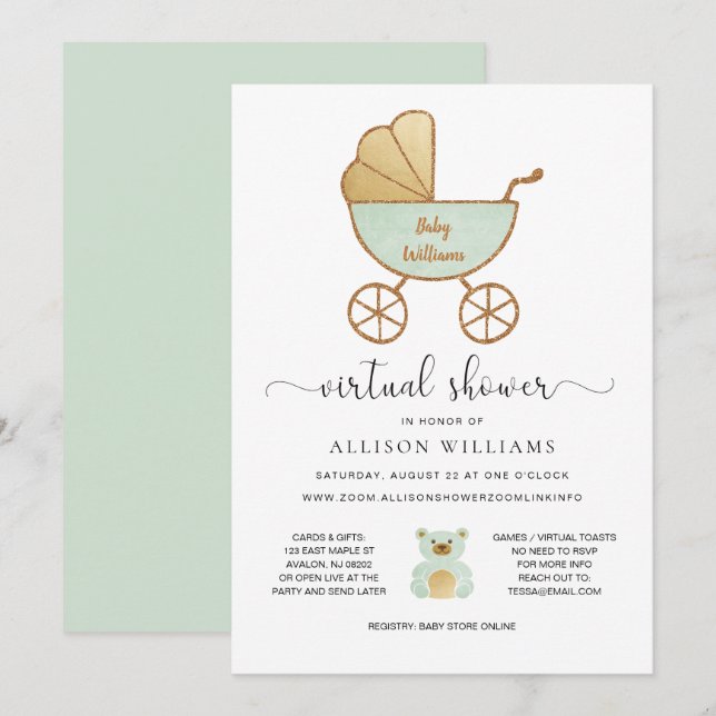 Invitación Carrito retro verde Pastel de Baby Shower virtual (Anverso / Reverso)