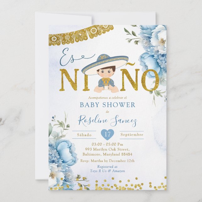 Invitación Carro azul español es niñ en Baby Shower (Anverso)