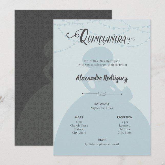 Invitación Carro azul y acero Charro Silhouette Quinceanera (Anverso / Reverso)