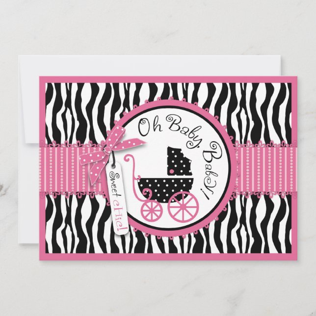 Invitación Carro de bebé, estampado de zebra y rosas fuertes (Anverso)