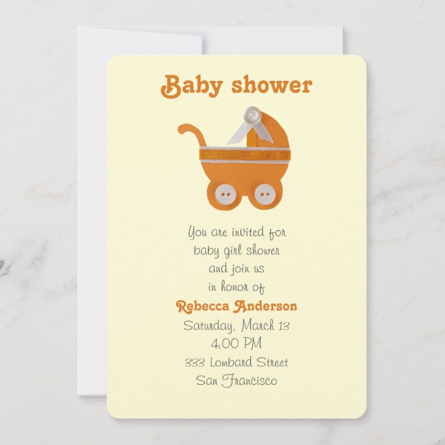 Invitación carro de bebé naranja, botón blanco para la ducha  (Anverso)