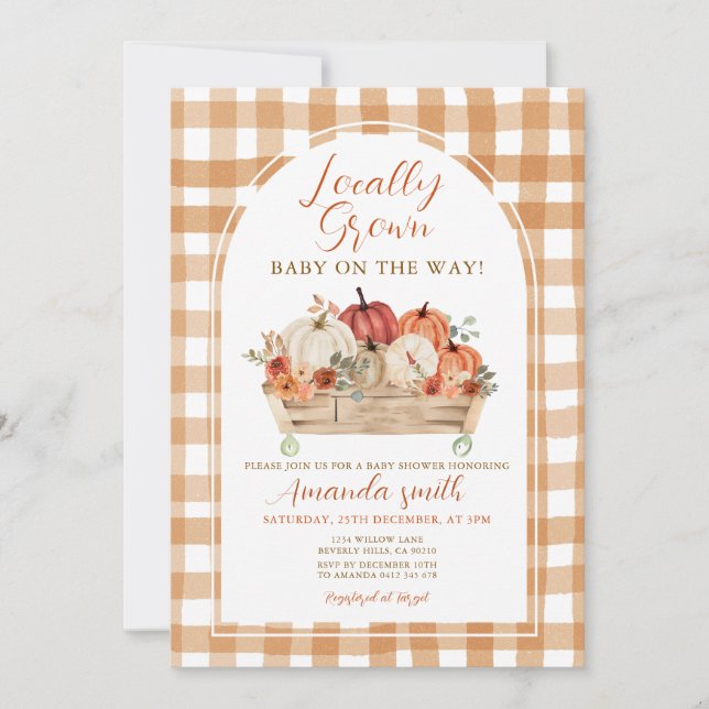 Invitación Carro de calabaza Baby Shower de cultivo local (Anverso)