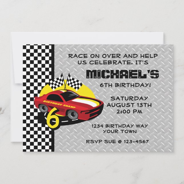 Invitación Carro de carreras 6º Día de fiesta de cumpleaños i (Anverso)