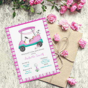 Invitación Carro de golf rosa con suministros para bebés Baby