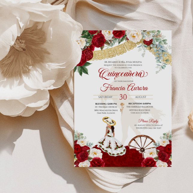 Invitación Carro de oro elegante floral blanco rojo Quinceane (Subido por el creador)