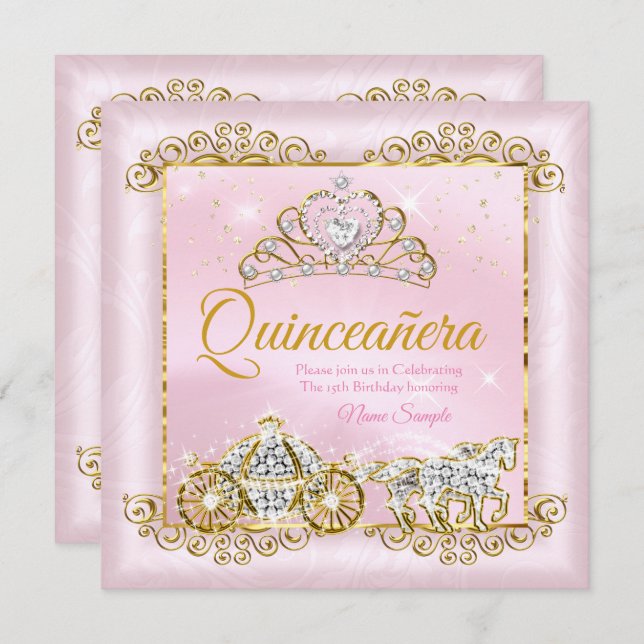 Invitación Carro de oro rosado para Rubor Quinceanera (Anverso / Reverso)
