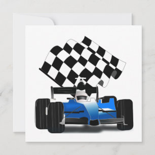 Invitación Carro de raza azul con bandera verificada