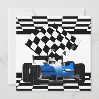 Invitación Carro de raza azul con bandera verificada