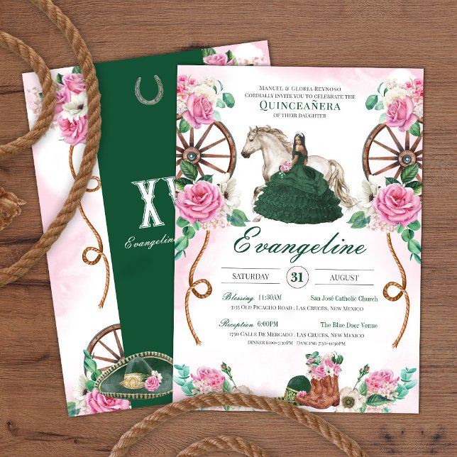 Invitación Carro de rosa verde esmeralda - Quinceañera occide (Subido por el creador)