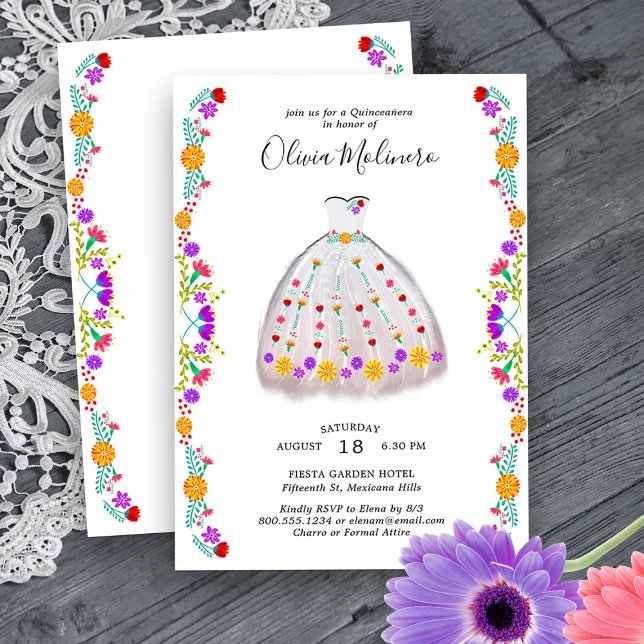 Invitación Carro floral blanco Fiesta mexicana Quinceanera (Quinceanera Princess Dress Invitation from my Mexican Fiesta Flowers Quinceanera Collection)