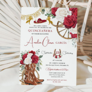 Invitación Carro Floral Blanco Rojo Boots Caballos Quinceañer