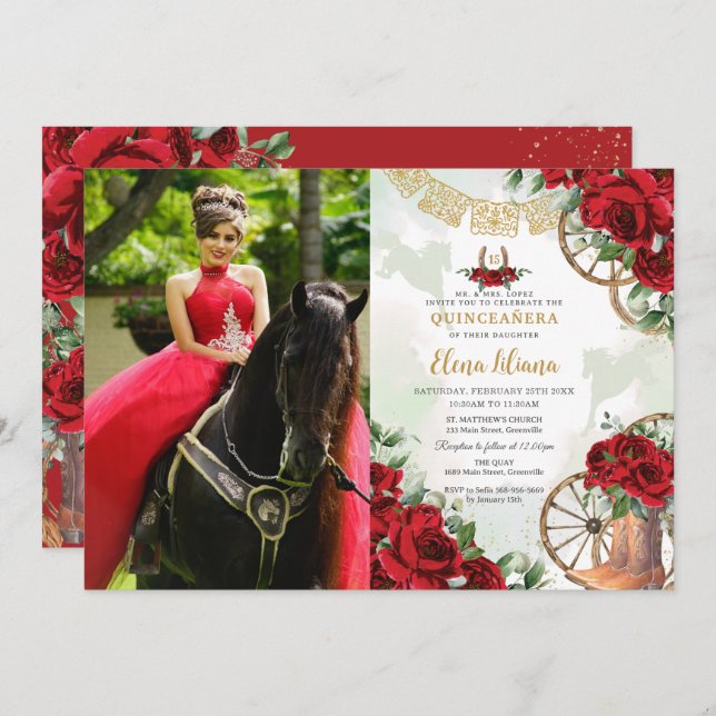 Invitación Carro floral de rosas rojas bota foto de Quinceañe (Anverso / Reverso)