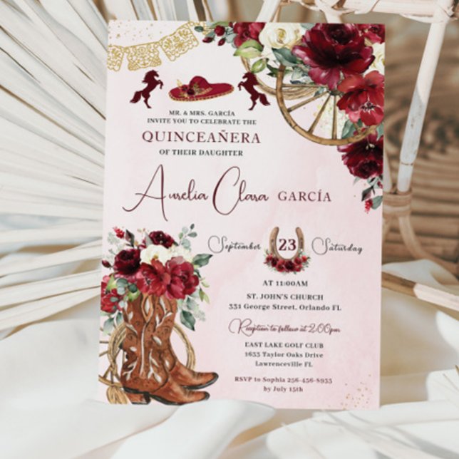 Invitación Carro floral rojo borgoña Quinceanera occidental (Subido por el creador)