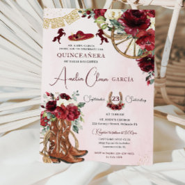 Invitación Carro floral rojo borgoña Quinceanera occidental