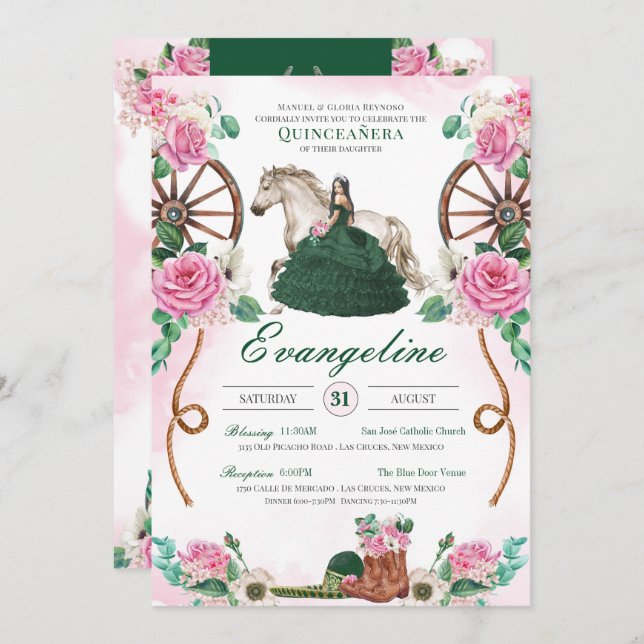 Invitación Carro floral verde esmeralda y rosa Quinceanera (Anverso / Reverso)