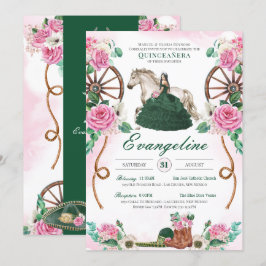 Invitación Carro floral verde esmeralda y rosa Quinceanera