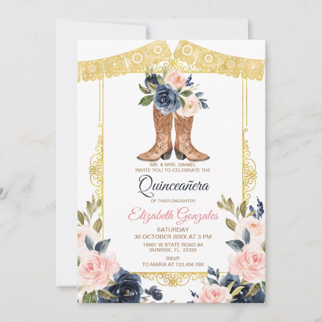 Invitación Carro mexicano bots Quinceanera  (Anverso)