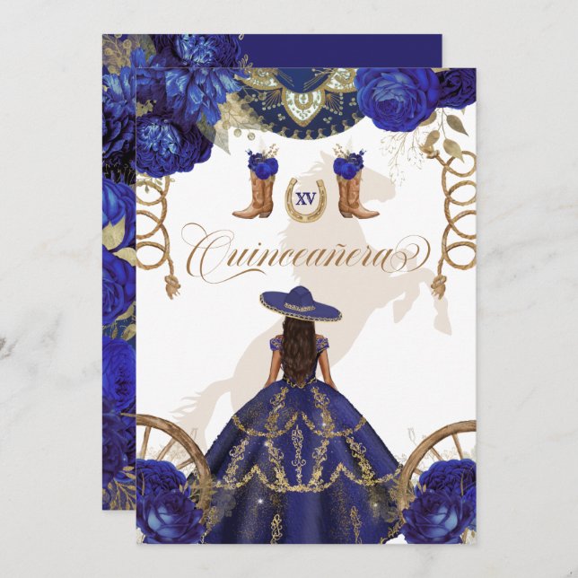Invitación Carro Occidental Azul Real de la Marina Quinceaner (Anverso / Reverso)