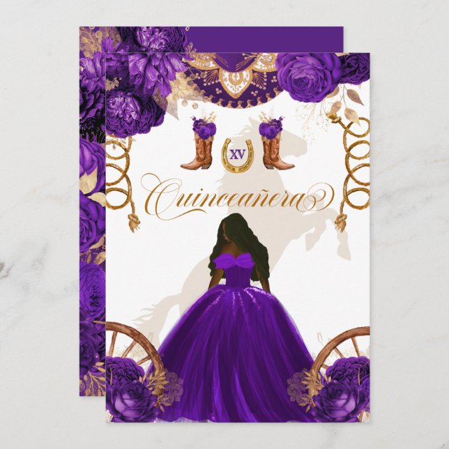 Invitación Carro Oeste Morado Quinceanera Inv De Dos Bandas (Anverso / Reverso)