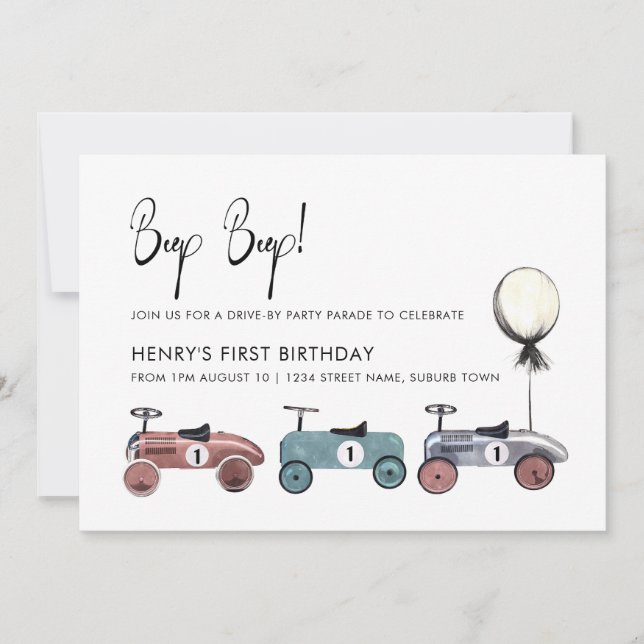 Invitación Carro por Desfile de Cumpleaños Primer Fiesta Cuar (Anverso)