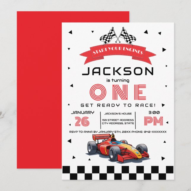 Invitación Carro Rojo con tema de cualquier fiesta de cumplea (Anverso / Reverso)