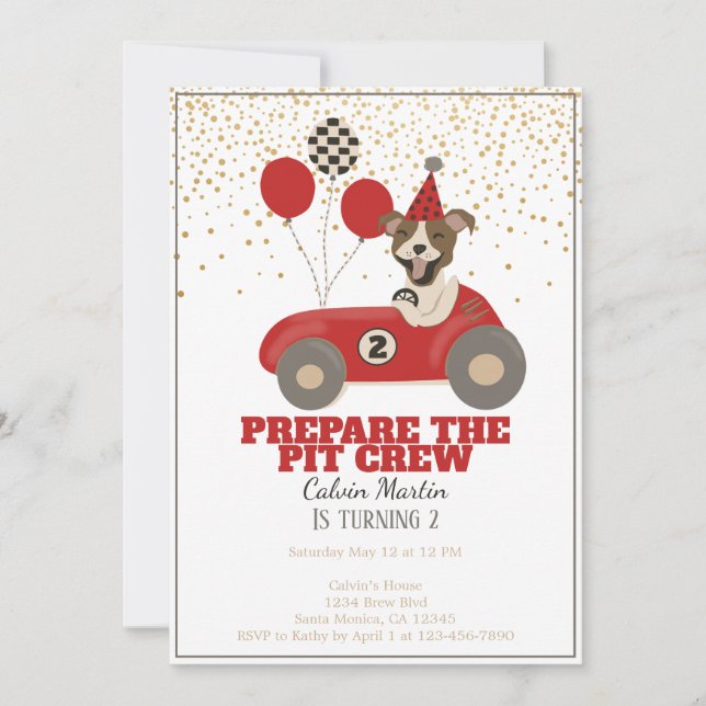 Invitación Carro Rojo Perro de Carrera Niños Segunda Fiesta d (Anverso)