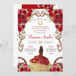 Invitación Carro Rojo Rústico Floral Occidental Quinceanera