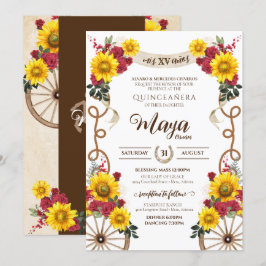 Invitación Carro Rústico de girasoles y rosas rojas Quinceane
