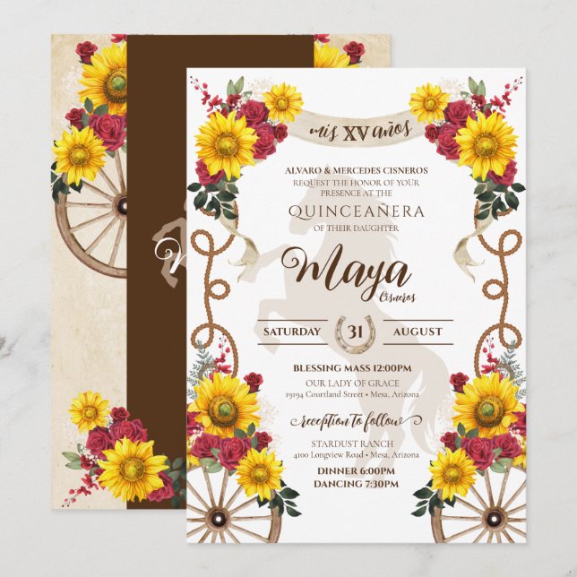 Invitación Carro Rústico de girasoles y rosas rojas Quinceane (Anverso / Reverso)