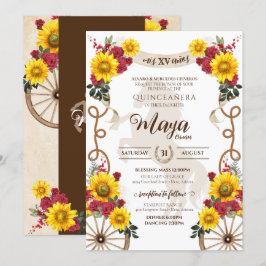 Invitación Carro Rústico de girasoles y rosas rojas Quinceane