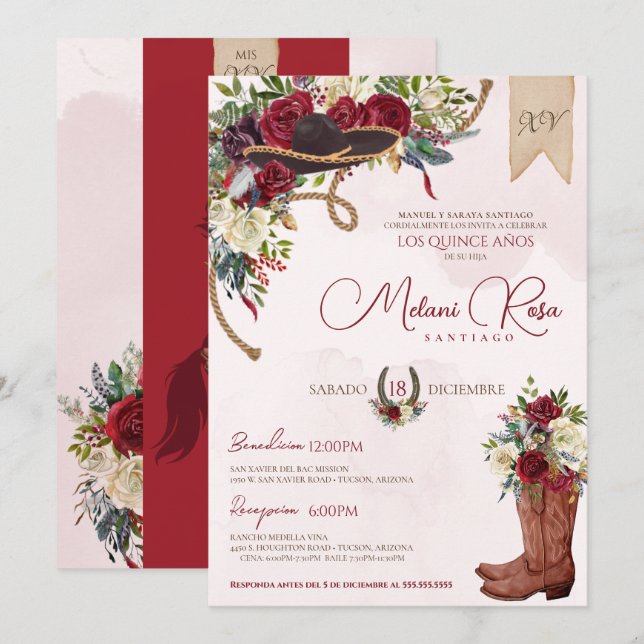 Invitación Carro Rústico Floral Rojo Español Quinceanera (Anverso / Reverso)