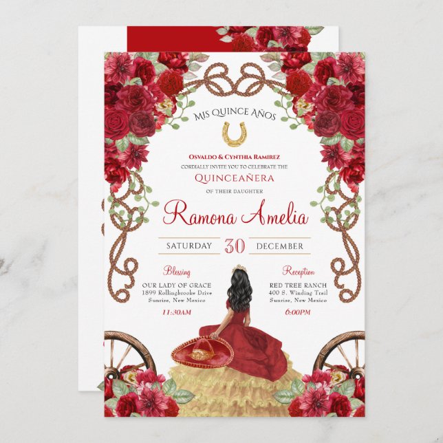 Invitación Carro Rústico Rojo Quinceañera Occidental (Anverso / Reverso)