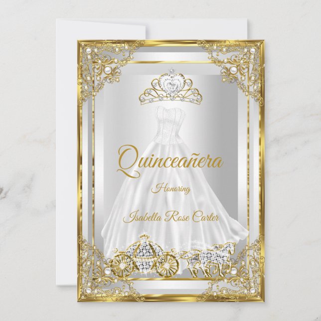 Invitación Carro tiara de ropa de vestir blanco dorado Quince (Anverso)