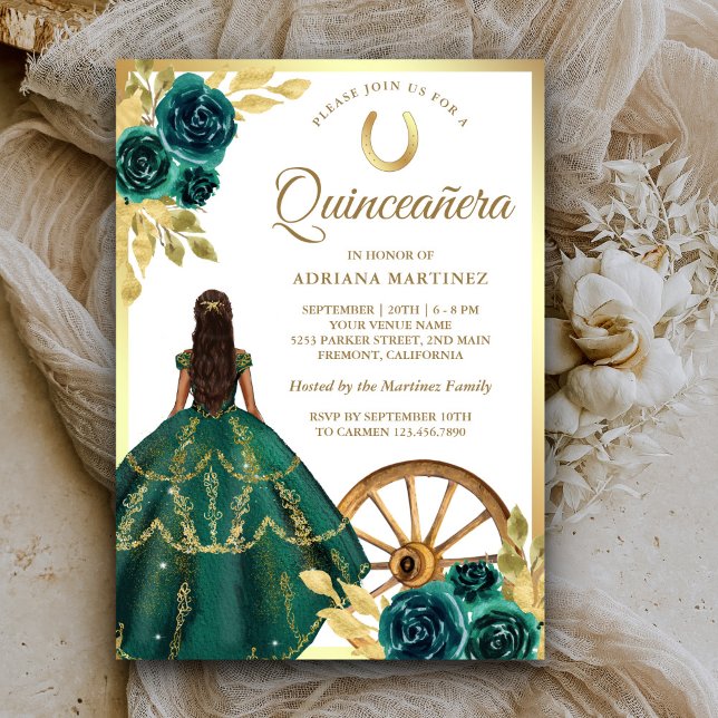 Invitación Carro verde esmeralda Vestido floral Oro Quinceane (Subido por el creador)