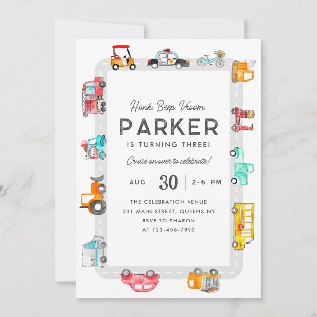 Invitación Carros Camiones Calles Niños Transporte Cumpleaños (Anverso)