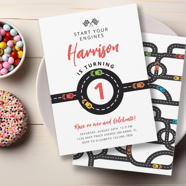 Invitación Carros de carrera Círculo Niños Primer cumpleaños (Subido por el creador)