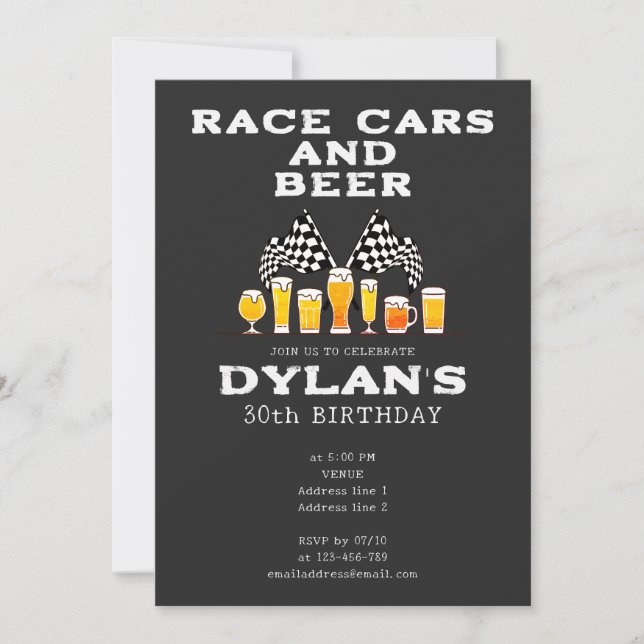 Invitación Carros de carrera y bandera de Cerveza verificada  (Anverso)