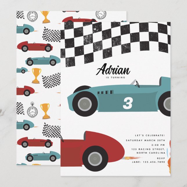 Invitación Carros de Carreras Retro Rápido de la Raza Roja Az (Anverso / Reverso)