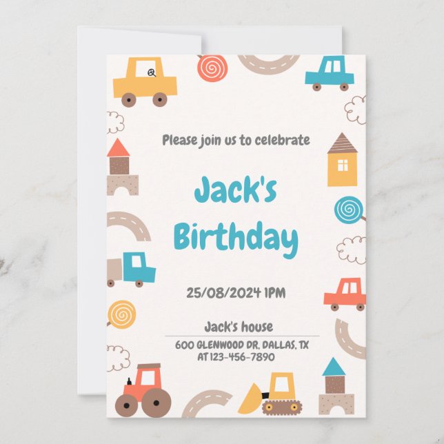 Invitación Carros de transporte y camionetas fiesta de cumple (Anverso)
