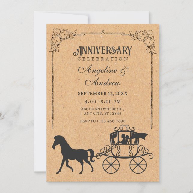 Invitación Carruaje antiguo con aniversario de caballo (Anverso)