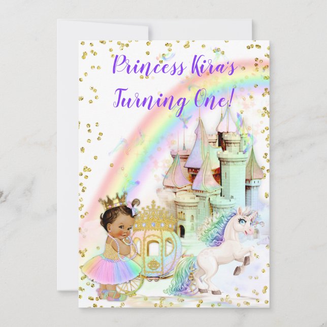 Invitación Carruaje Castillo Princesa Arcoíris Mágico Unicorn (Anverso)