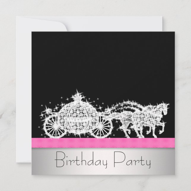Invitación Carruaje de Caballos Rosa Negro Fiesta de Cumpleañ (Anverso)