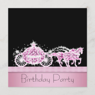 Invitación Carruaje de Caballos Rosa Negro Fiesta de Cumpleañ