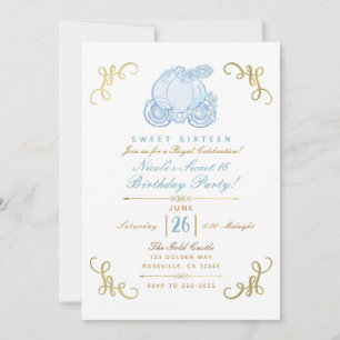 Invitación Carruaje de Calabaza Azul y Dorado Fiesta de Sweet