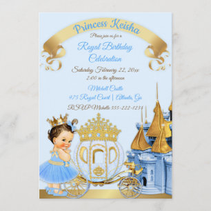 Invitación Carruaje de Castillo de Princesa Real Azul Dorado