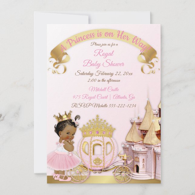 Invitación Carruaje de Castillo de Princesa Real Rosa Dorado  (Anverso)