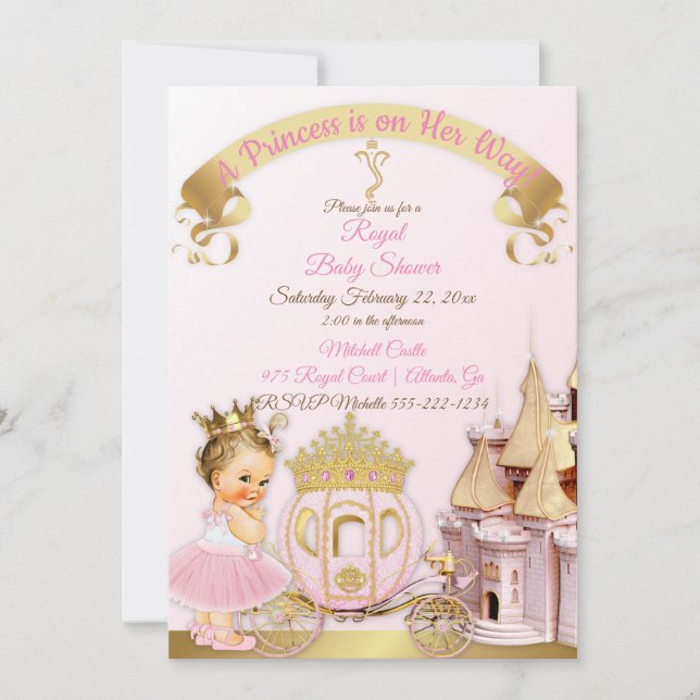 Invitación Carruaje de Castillo de Princesa Real Rosa Dorado  (Anverso)
