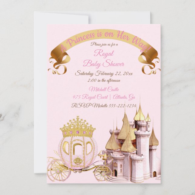 Invitación Carruaje de Castillo de Princesa Real Rosa Dorado  (Anverso)